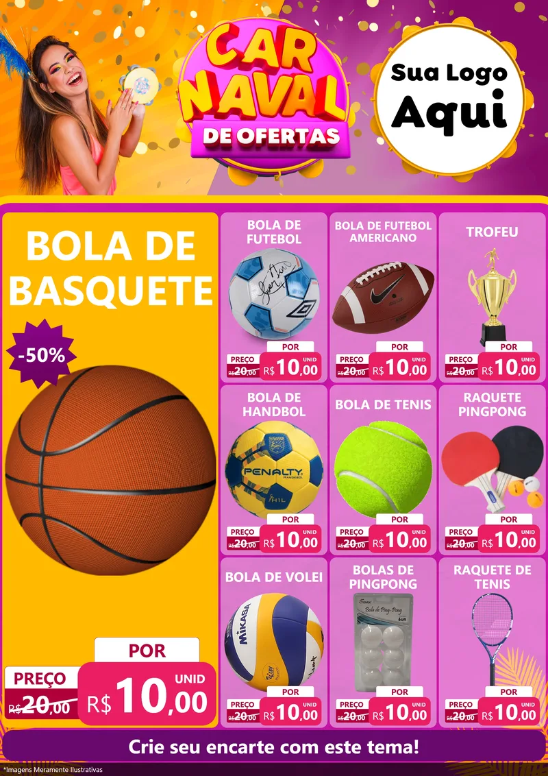 Modelo de Encarte para Encarte A4 Vertical com o tema Carnaval de Ofertas para Artigos Esportivos