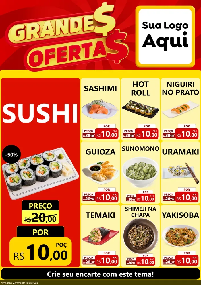 Modelo de Encarte para Encarte A4 Vertical com o tema Grandes Ofertas para Comida japonesa