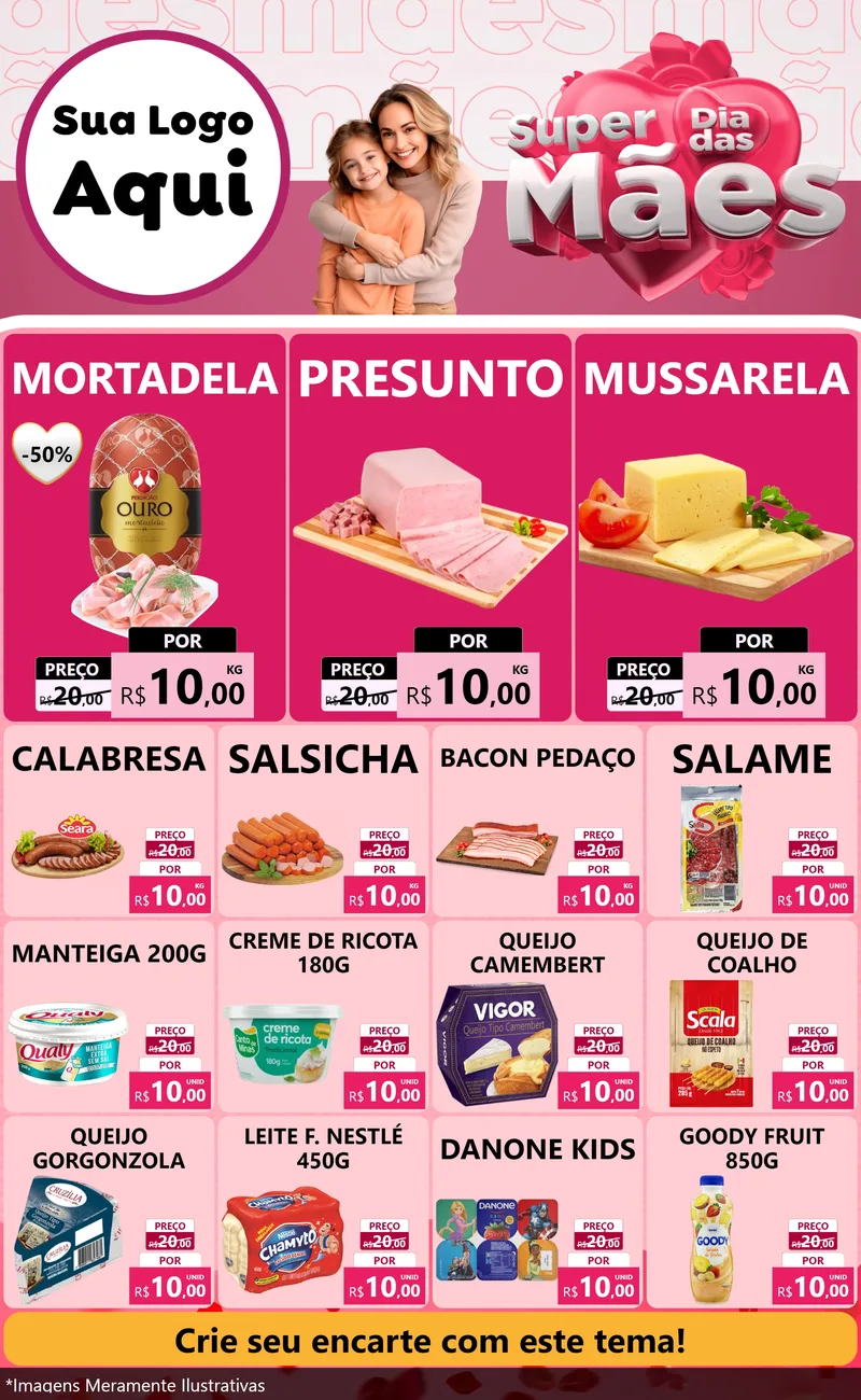 Modelo de Encarte para Encarte Grande com o tema Super Dia Das Mães para Frios e Laticínios