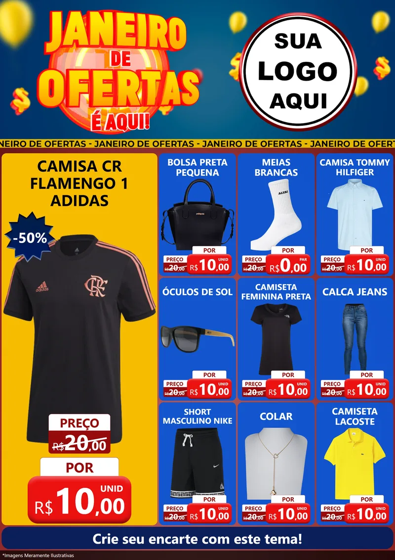 Modelo de Encarte para Encarte A4 Vertical com o tema Janeiro de Ofertas É Aqui! para Roupas e acessórios