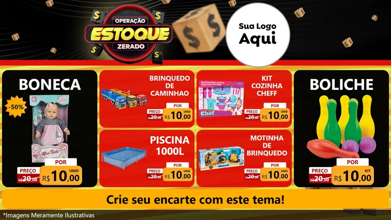 Modelo de TV para TV Horizontal com o tema Operação Estoque Zerado para Brinquedos