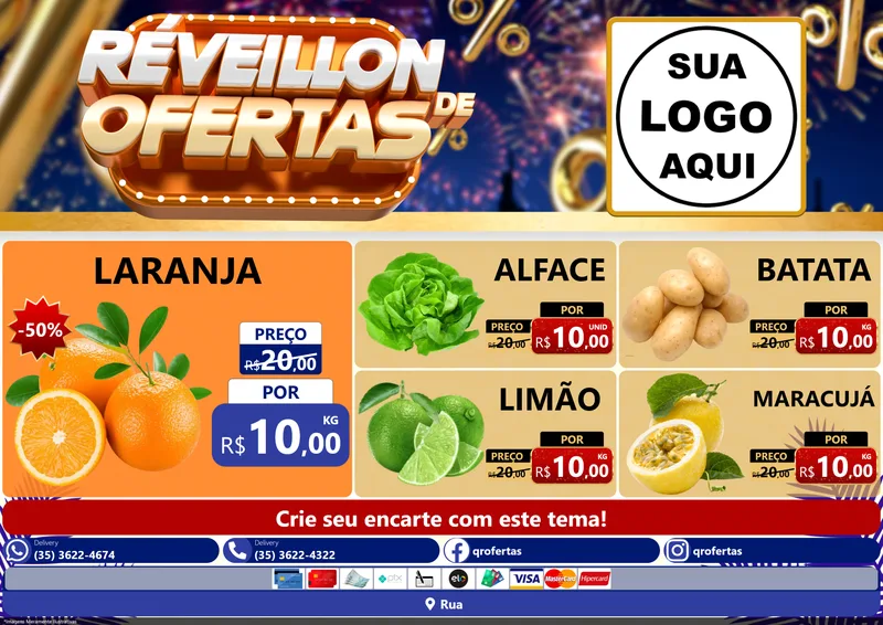 Modelo de Encarte para Encarte A4 Horizontal com o tema Réveillon de Ofertas para Hortifrúti