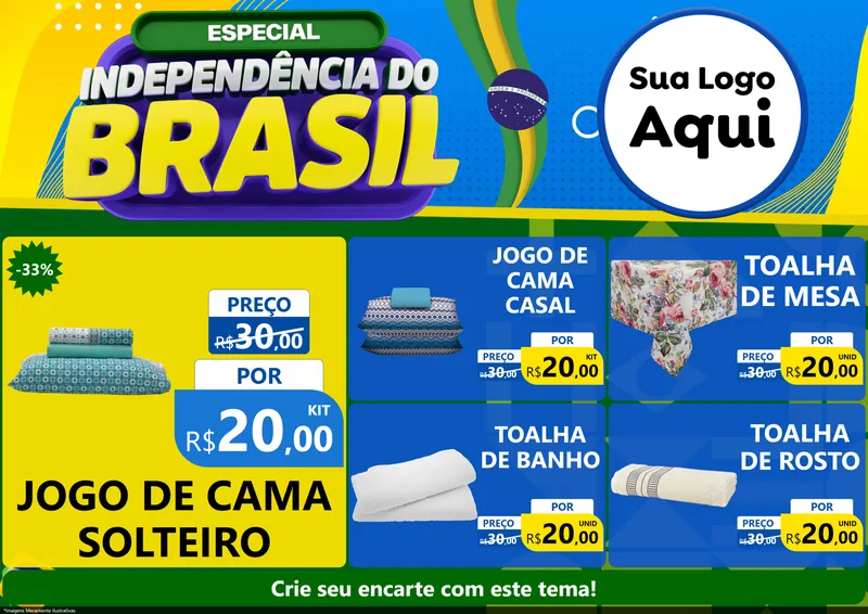 Modelo de Encarte para Encarte A4 Horizontal com o tema Especial Independência do Brasil para Cama, Mesa e Banho