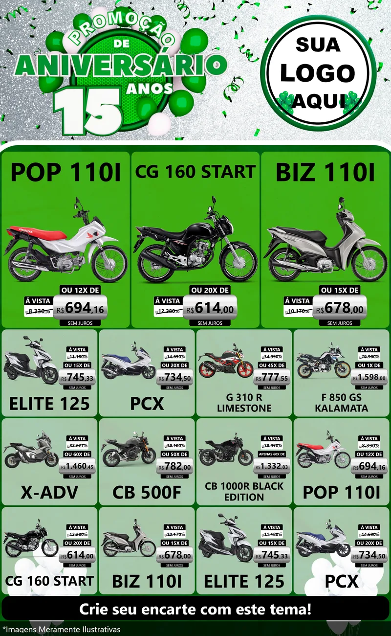 Modelo de Encarte para Encarte Grande com o tema Promoção de Aniversário - 15 Anos para Concessionaria de Motos
