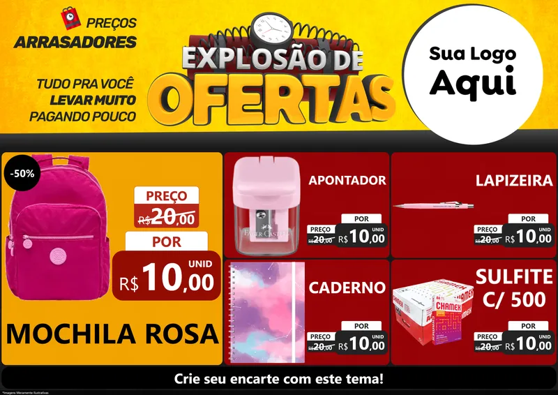 Modelo de Encarte para Encarte A4 Horizontal com o tema Explosão de Ofertas para Papelaria