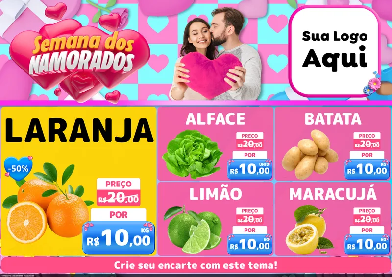 Modelo de Encarte para Encarte A4 Horizontal com o tema Semana dos Namorados para Hortifrúti