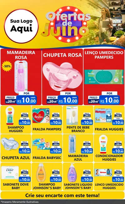 Modelo de Encarte para Encarte Grande com o tema Ofertas de Julho para Bebês