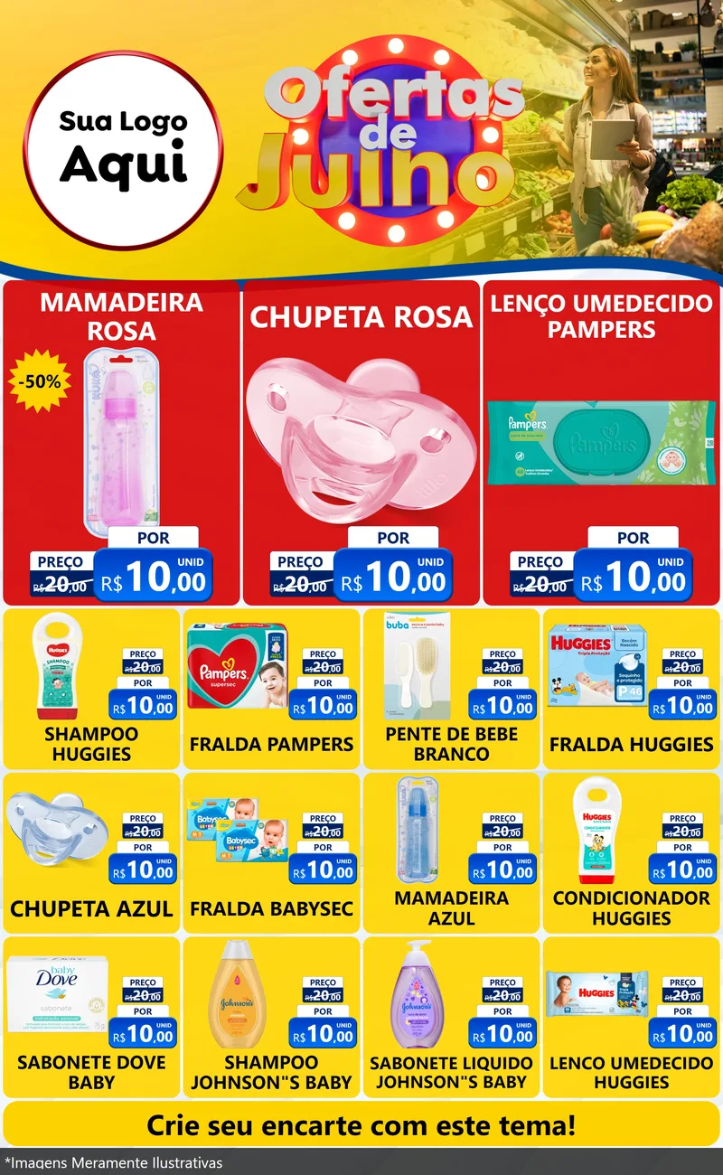 Modelo de Encarte para Encarte Grande com o tema Ofertas de Julho para Bebês