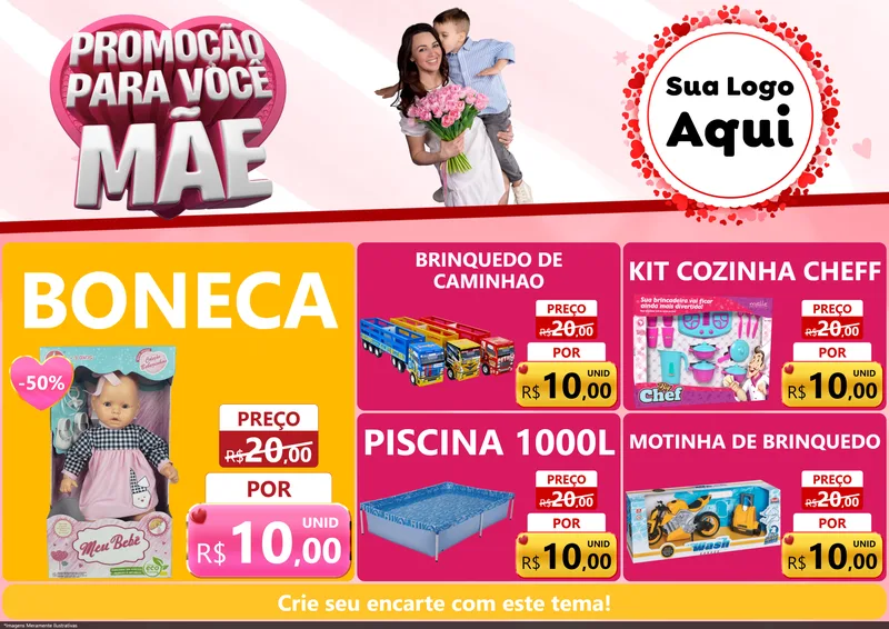 Modelo de Encarte para Encarte A4 Horizontal com o tema Promoção Para Você Mãe para Brinquedos