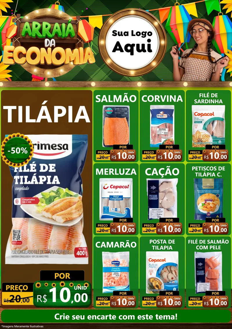 Modelo de Encarte para Encarte A4 Vertical com o tema Arraiá de Economia para Peixaria
