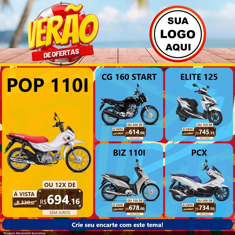Modelo de Rede Social para Feed Facebook com o tema Verão de Ofertas para Concessionaria de Motos