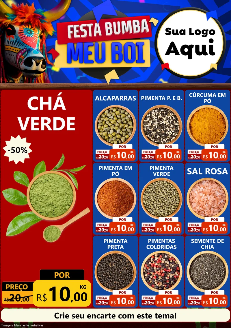 Modelo de Encarte para Encarte A4 Vertical com o tema Festa Bumba meu Boi para Produtos Naturais