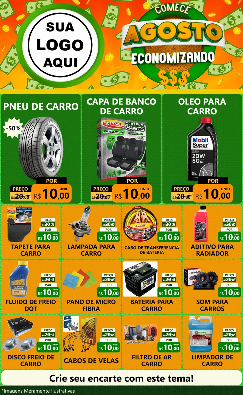 Modelo de Encarte para Encarte Grande com o tema Comece Agosto Economizando para Auto peças
