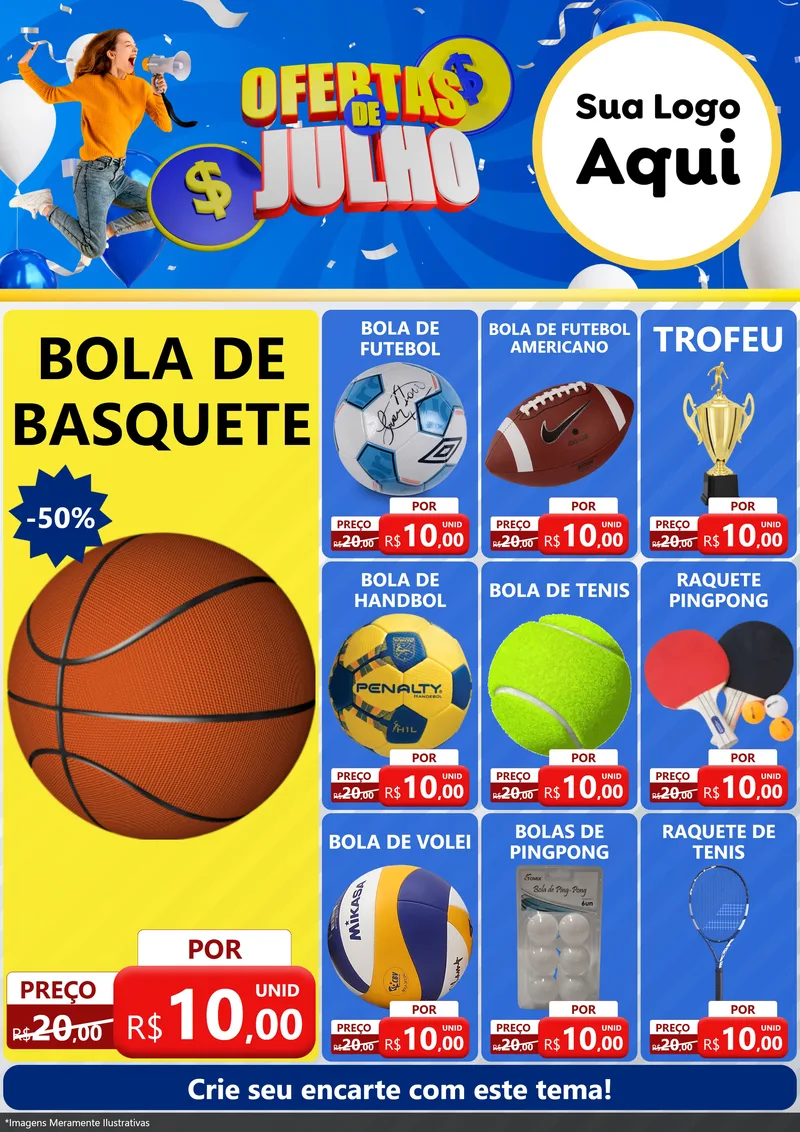 Modelo de Encarte para Encarte A4 Vertical com o tema Ofertas de Julho para Artigos Esportivos