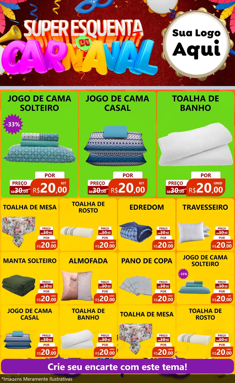 Modelo de Encarte para Encarte Grande com o tema Super Esquenta de Carnaval para Cama, Mesa e Banho