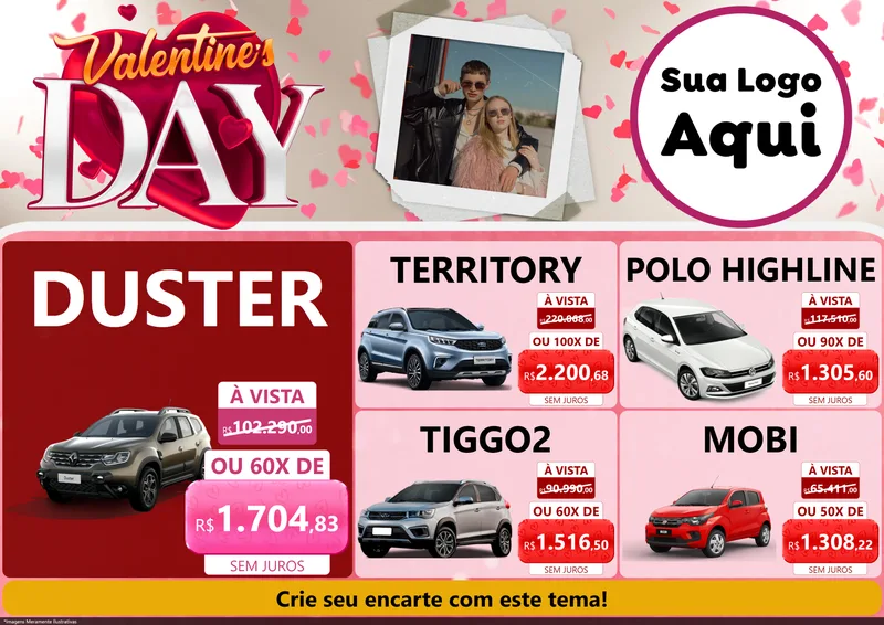 Modelo de Encarte para Encarte A4 Horizontal com o tema Valentine's Day para Concessionaria de Carros