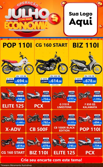 Modelo de Encarte para Encarte Grande com o tema Operação Julho Com Mais Economia para Concessionaria de Motos