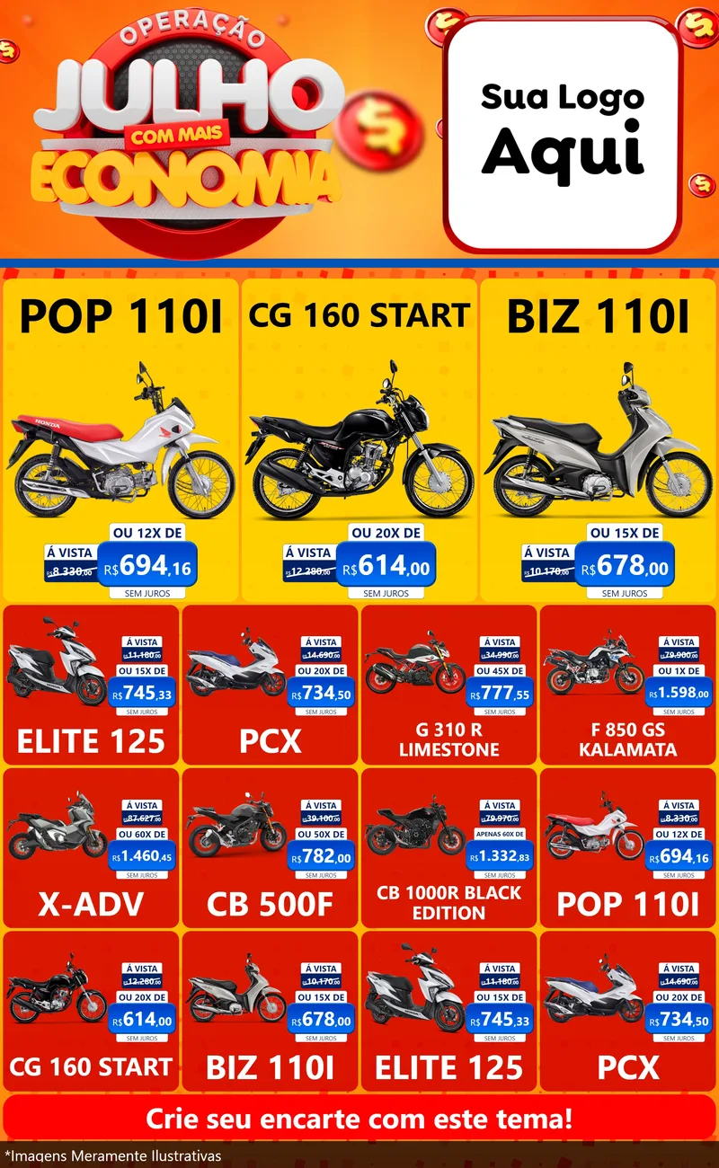 Modelo de Encarte para Encarte Grande com o tema Operação Julho Com Mais Economia para Concessionaria de Motos