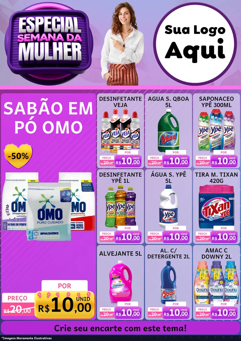 Modelo de Encarte para Encarte A4 Vertical com o tema Especial Semana da Mulher para Produtos de Limpeza
