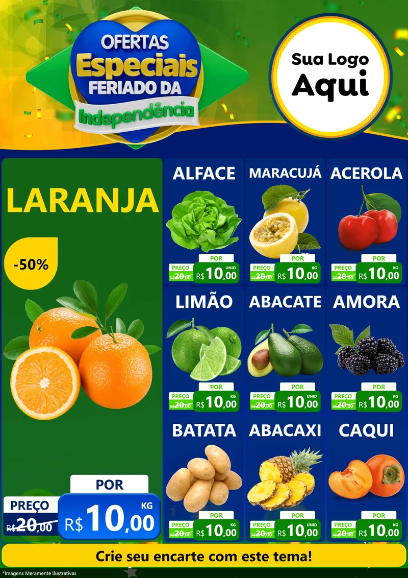 Modelo de Encarte para Encarte A4 Vertical com o tema Ofertas Especiais Feriado da Independência para Hortifrúti