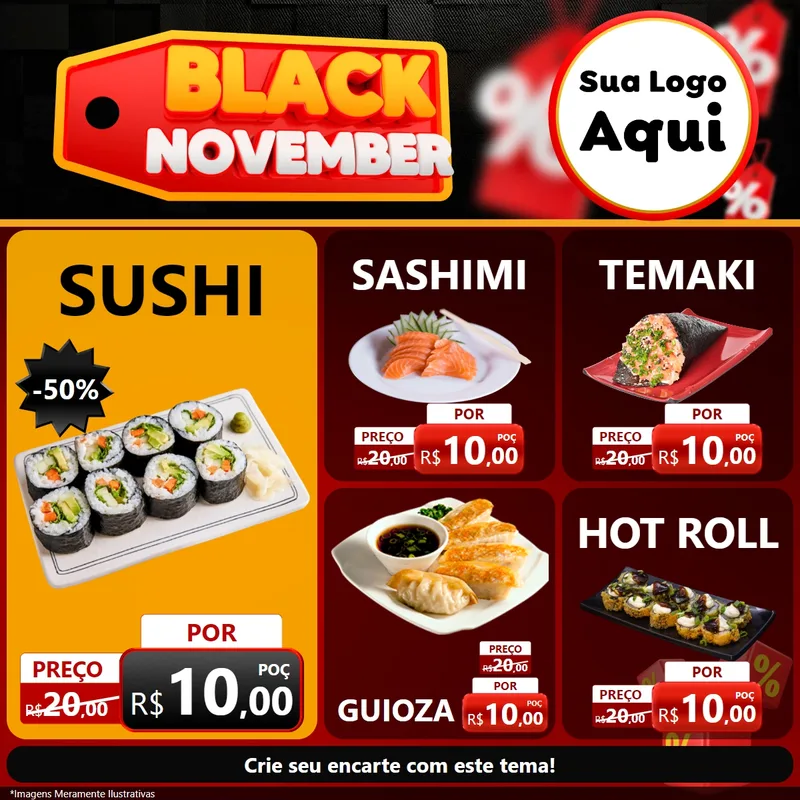 Modelo de Rede Social para Feed Facebook com o tema Black November para Comida japonesa