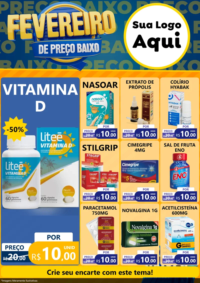 Modelo de Encarte para Encarte A4 Vertical com o tema Fevereiro de Preço Baixo para Farmácia