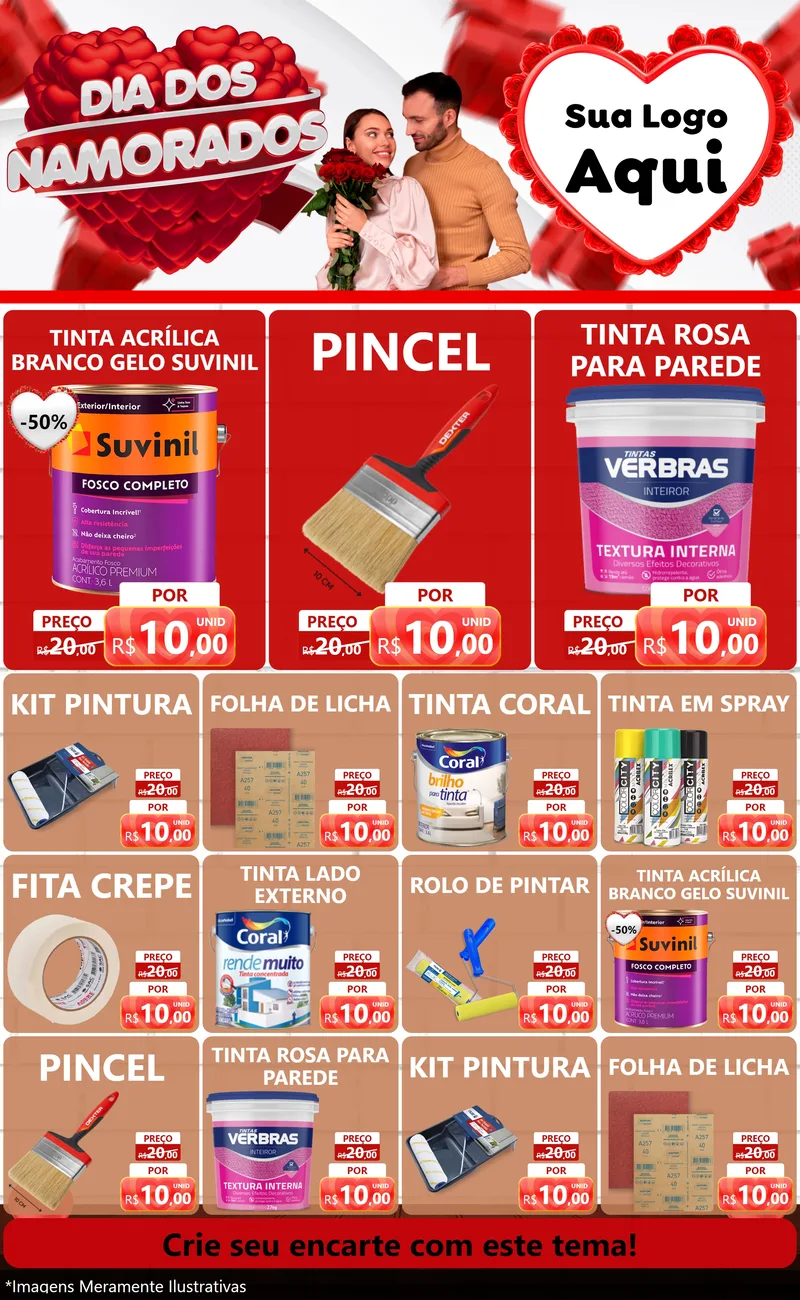 Modelo de Encarte para Encarte Grande com o tema Dia dos Namorados para Tintas e Ferramentas