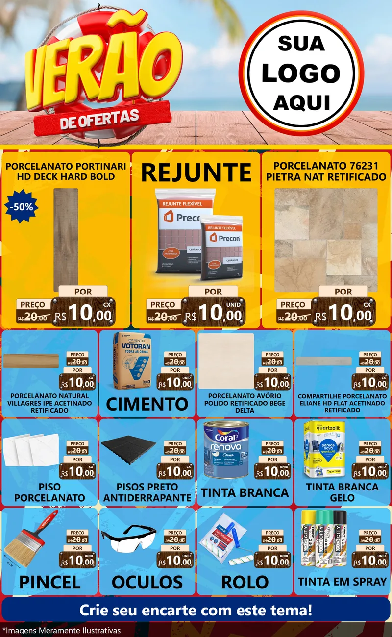 Modelo de Encarte para Encarte Grande com o tema Verão de Ofertas para Pisos e revestimentos