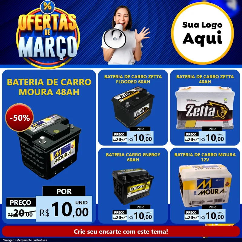 Modelo de Rede Social para Feed Facebook com o tema Ofertas de Março para Baterias Elétricas