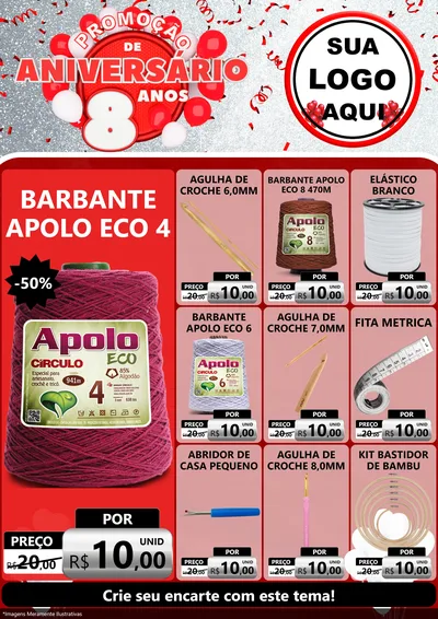 Modelo de Encarte para Encarte A4 Vertical com o tema Promoção de Aniversário - 8 Anos para Armarinho e Aviamentos