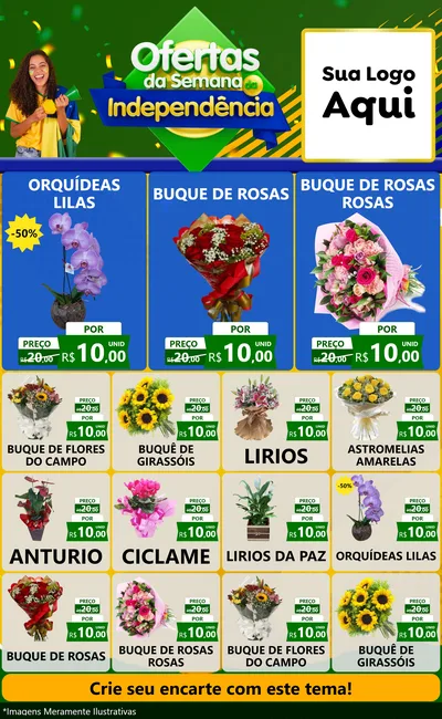Modelo de Encarte para Encarte Grande com o tema Ofertas da Semana da Independência para Floricultura e jardim