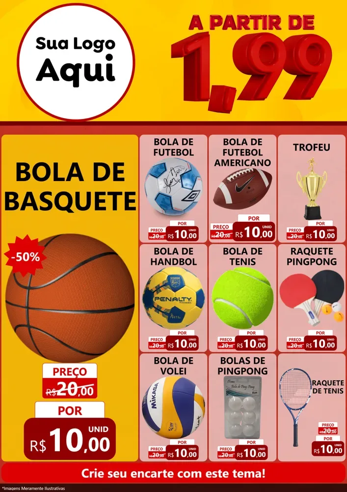 Modelo de Encarte para Encarte A4 Vertical com o tema A Partir de Um e Noventa e Nove - 1,99 para Artigos Esportivos