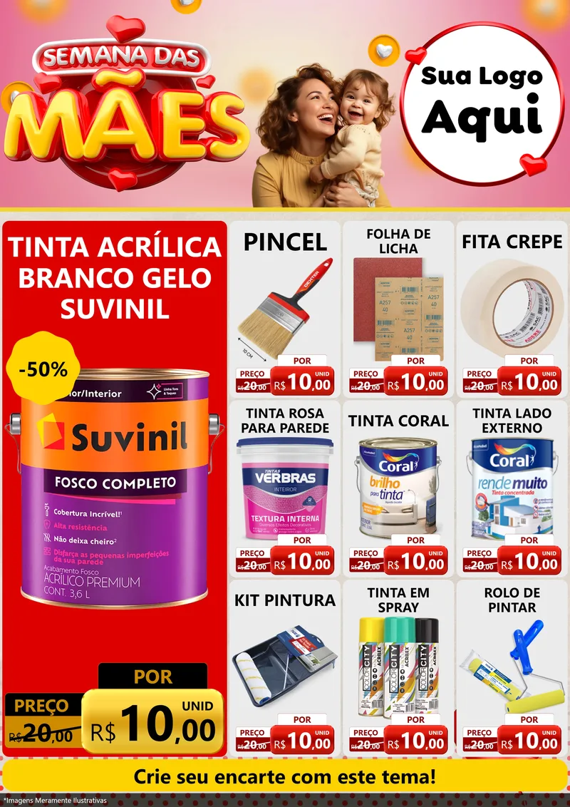Modelo de Encarte para Encarte A4 Vertical com o tema Semana das Mães para Tintas e Ferramentas