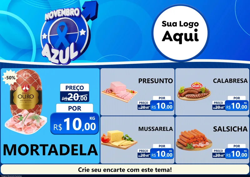 Modelo de Encarte para Encarte A4 Horizontal com o tema Novembro Azul para Frios e Laticínios