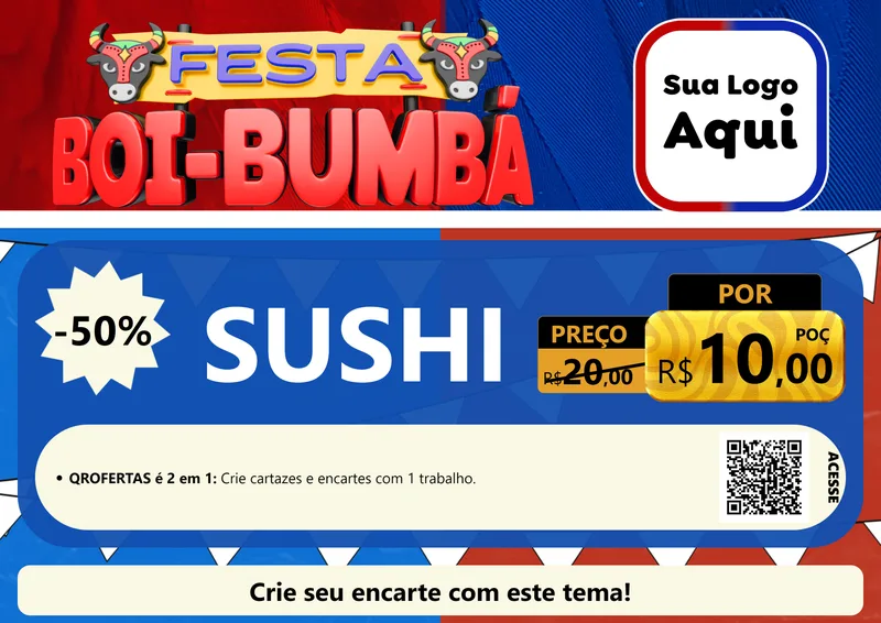 Modelo de Cartaz para Cartaz A4 Horizontal com o tema Festa Boi Bumbá para Comida japonesa