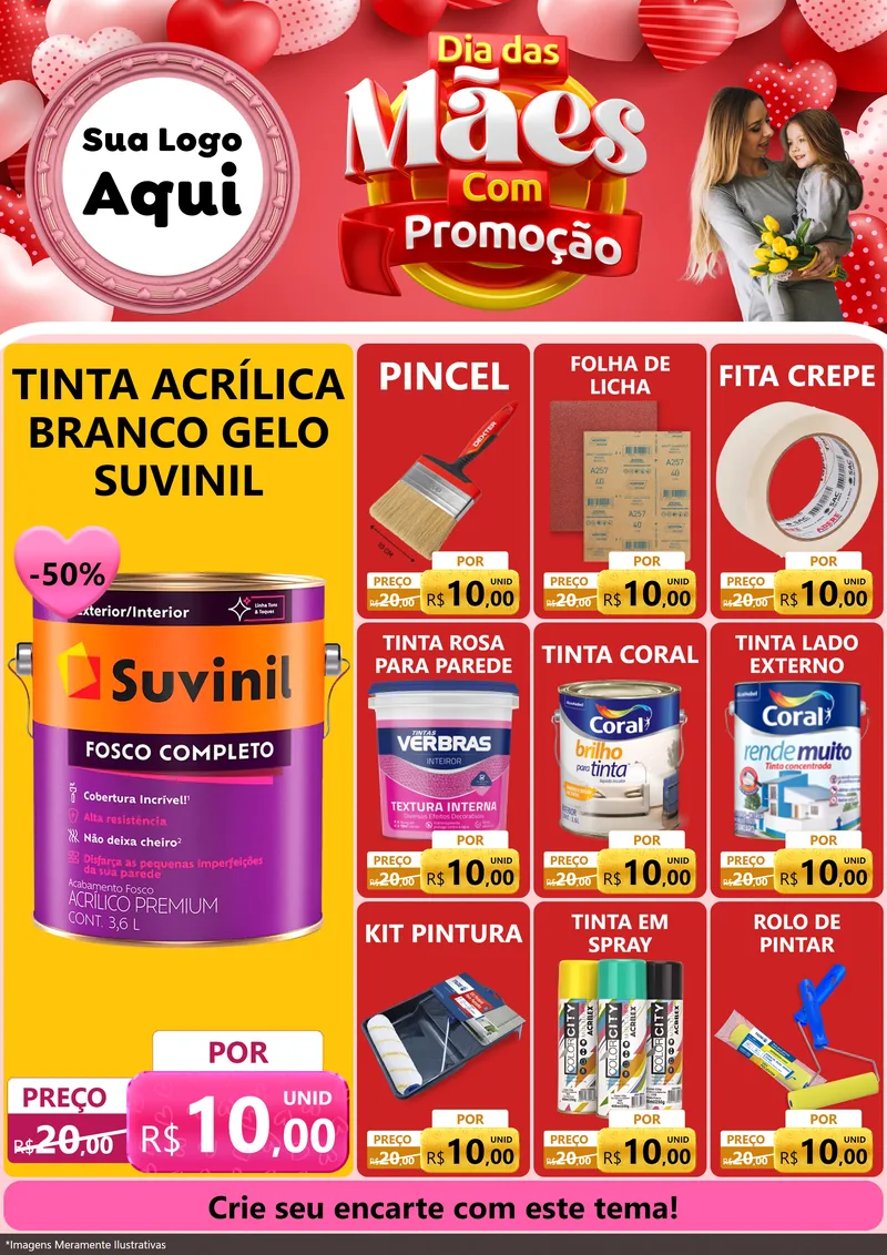 Modelo de Encarte para Encarte A4 Vertical com o tema Dia Das Mães Com Promoção para Tintas e Ferramentas