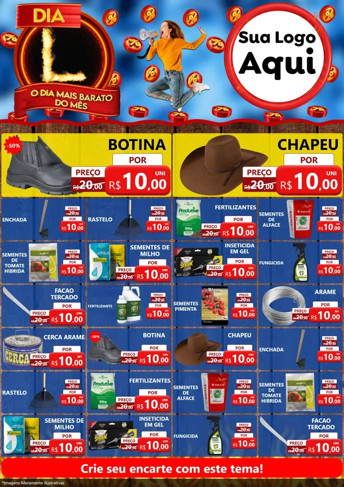 Modelo de Encarte para Encarte A4 Vertical com o tema Dia L - O Dia Mais Barato Do Mês para Agropecuária