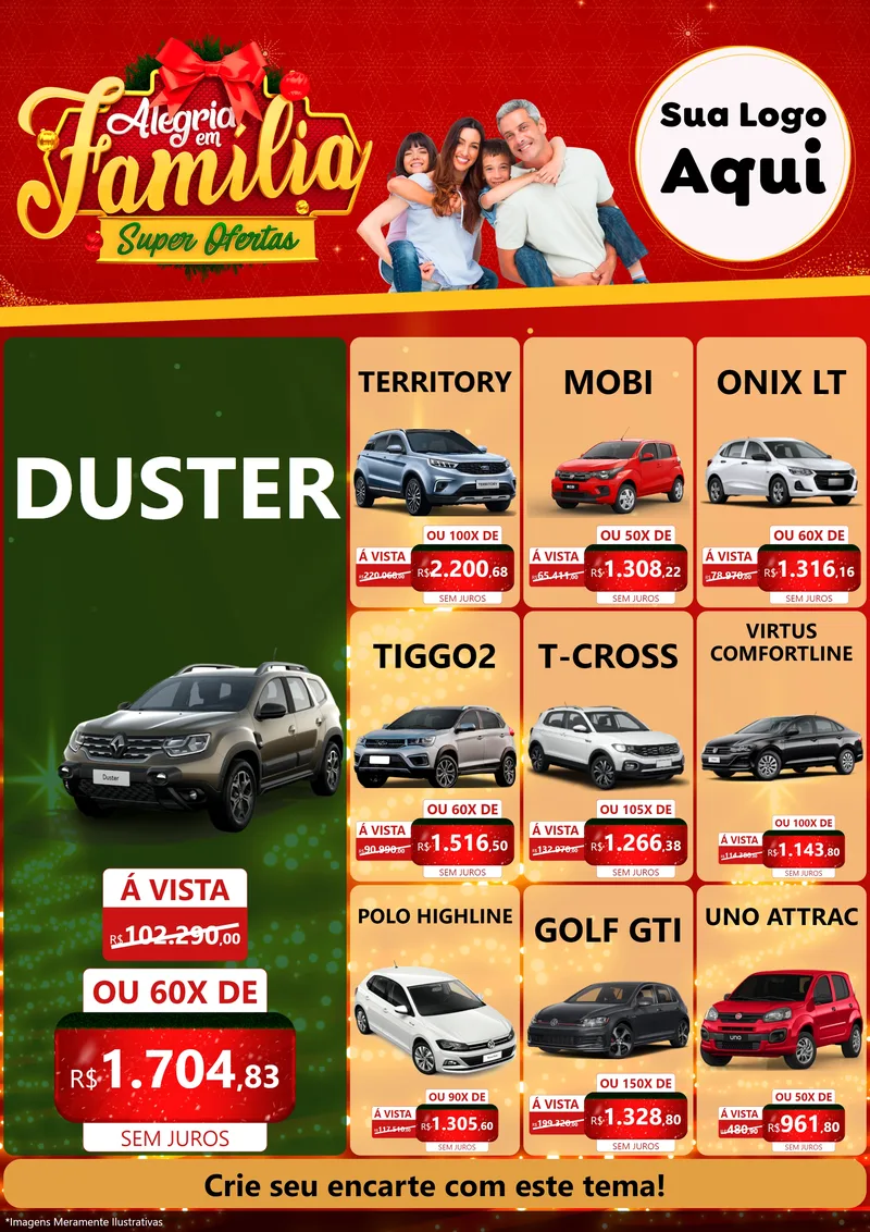 Modelo de Encarte para Encarte A4 Vertical com o tema Alegria em Família Super Ofertas - Natal para Concessionaria de Carros