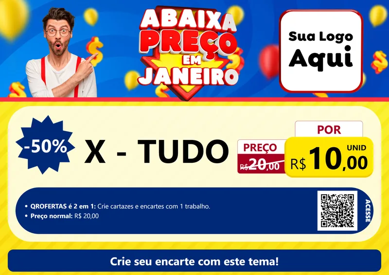 Modelo de Cartaz para Cartaz A4 Horizontal com o tema Abaixa Preço em Janeiro para Hamburgueria