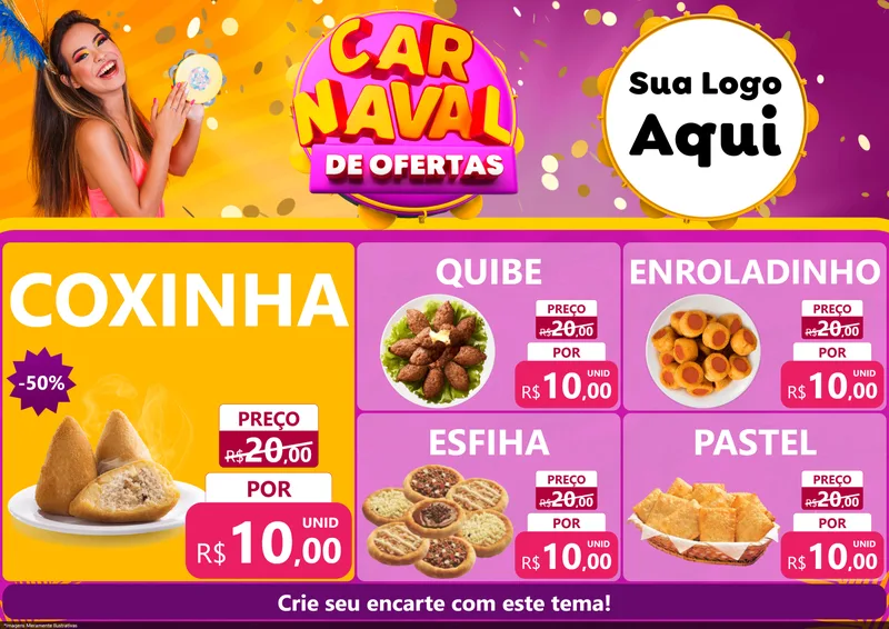 Modelo de Encarte para Encarte A4 Horizontal com o tema Carnaval de Ofertas para Salgadaria