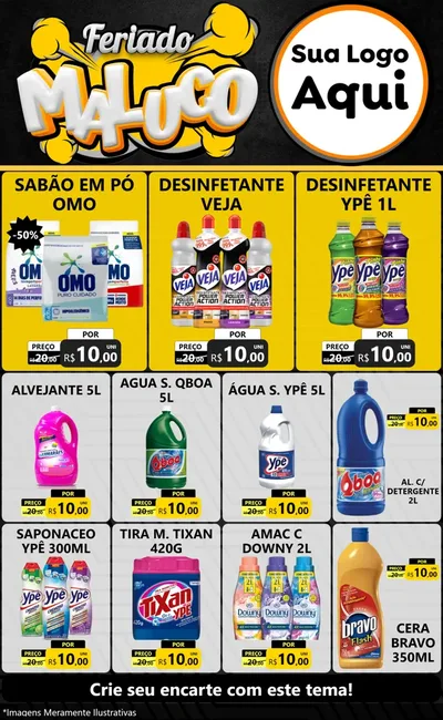 Modelo de Encarte para Encarte Grande com o tema Feriado Maluco para Produtos de Limpeza