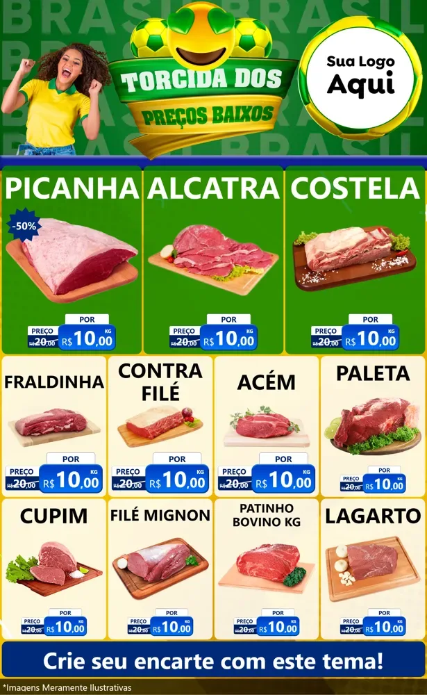 Modelo de Encarte para Encarte Grande com o tema Torcida dos Preços Baixos - Copa para Açougue