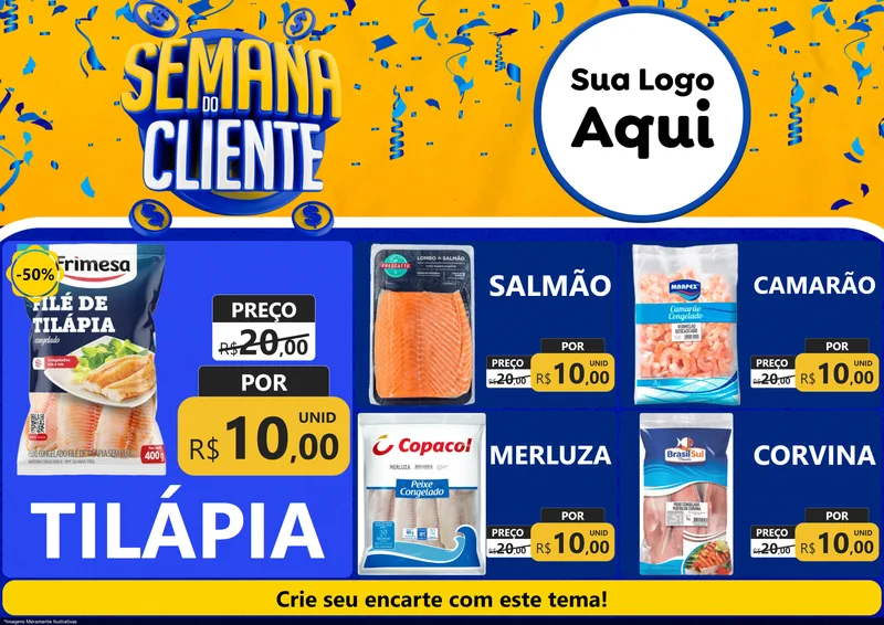 Modelo de Encarte para Encarte A4 Horizontal com o tema Semana do Cliente para Peixaria