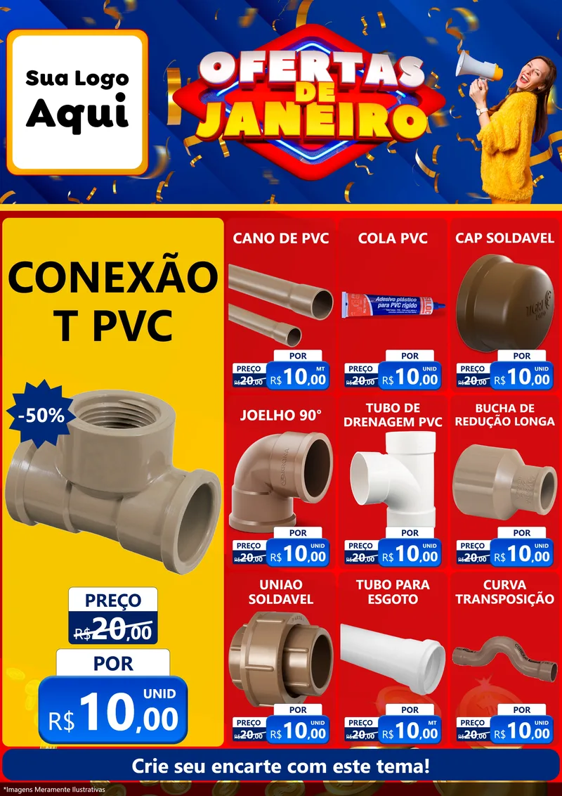 Modelo de Encarte para Encarte A4 Vertical com o tema Ofertas de Janeiro para Tubos e conexões