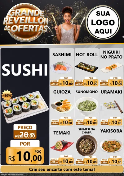 Modelo de Encarte para Encarte A4 Vertical com o tema Grande Réveillon de Ofertas para Comida japonesa