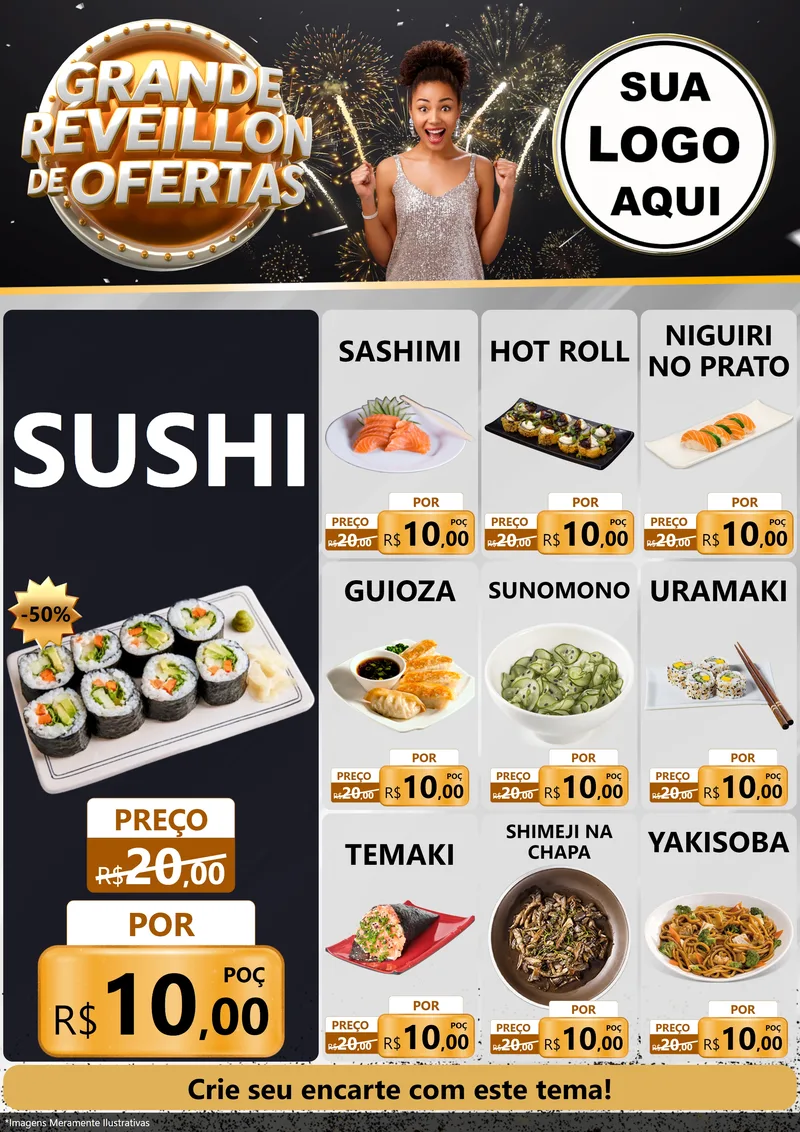 Modelo de Encarte para Encarte A4 Vertical com o tema Grande Réveillon de Ofertas para Comida japonesa