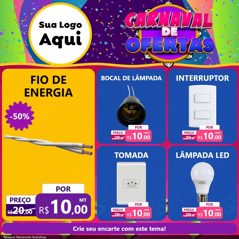 Modelo de Rede Social para Feed Facebook com o tema Carnaval de Ofertas para Materiais Elétricos