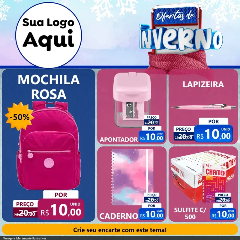 Modelo de Rede Social para Feed Facebook com o tema Ofertas de Inverno para Papelaria