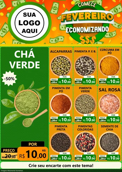 Modelo de Encarte para Encarte A4 Vertical com o tema Comece Fevereiro Economizando para Produtos Naturais