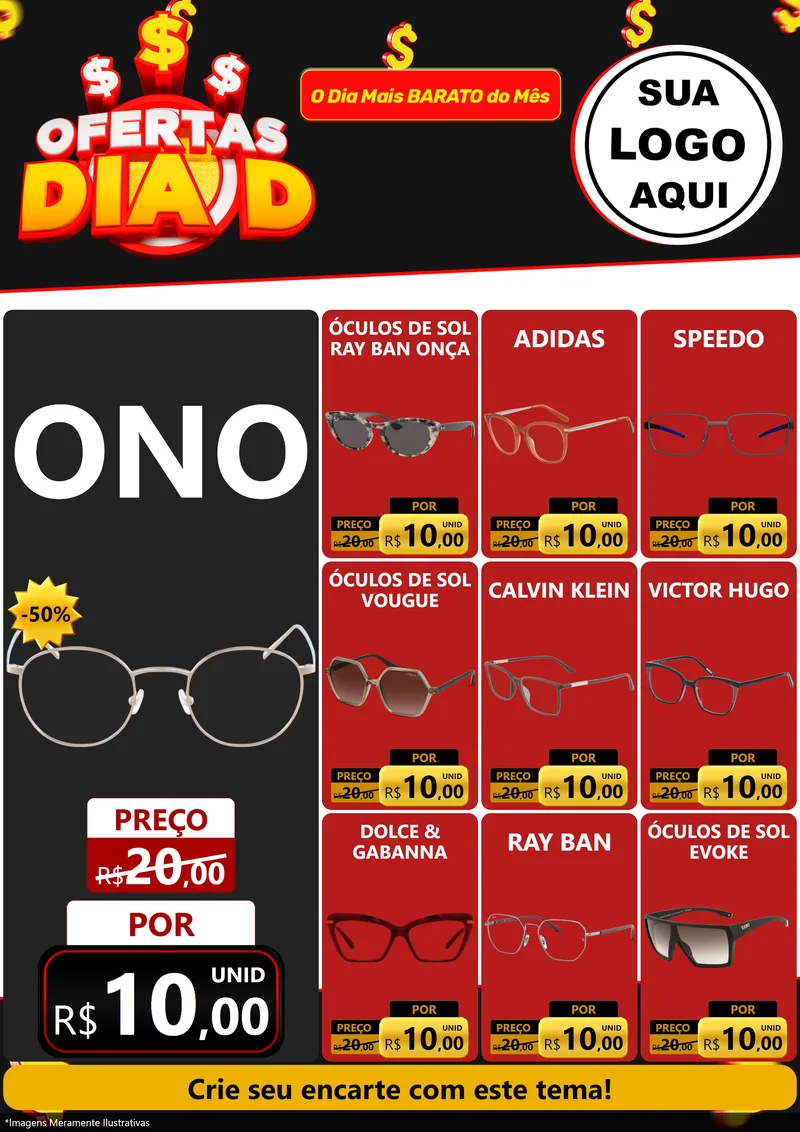 Modelo de Encarte para Encarte A4 Vertical com o tema Ofertas Dia D para Óticas